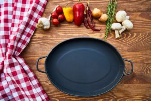 cast iron skillet on table with species